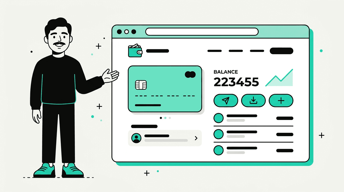 digital wallet dashboard: balance, card, transfer actions and transaction list